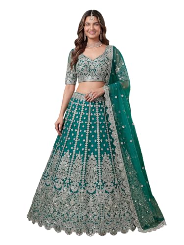 Zeel Clothing Women's Zari Sequins Embroidered Work Soft Net Lehenga Choli With Dupatta (6013-Rama-Womens-Lehenga-Choli-New; Free size)