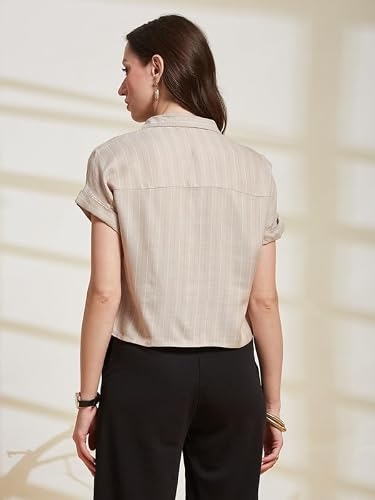 Latin Quarters Women's Beige Striped Collared Cap Sleeve Casual Shirt_M