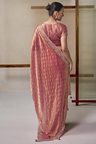 Soch Womens Peach Fendy Organza Embellished Saree With Stone Work