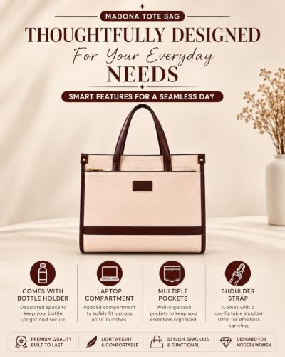 Pramadaa Pure Luxury Classic Madona Work Tote bags for women office use | hand bags for women's stylish | bags for women latest | Laptop Office Shoulder Handbag. (Walnut Beige)