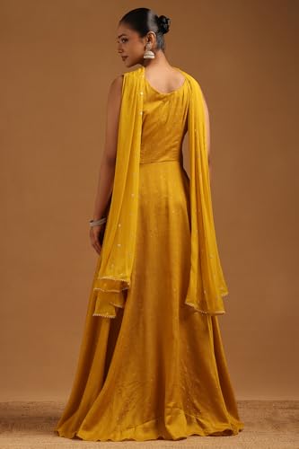Soch Womens Mustard Vichitra Floral Gown with Cutwork