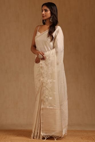 Soch Womens Cream Tussar Hand Embroidered Saree With Tassels