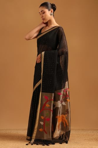 Soch Womens Black Tissue Woven Design Saree With Sequin
