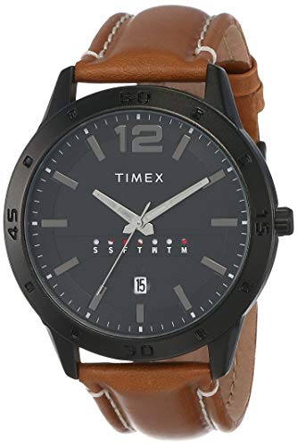 TIMEX Analog Watch for man with Black Round Dial & Tan Leather Strap Band Water Resistant Men's Wrist Watches - TW000U934