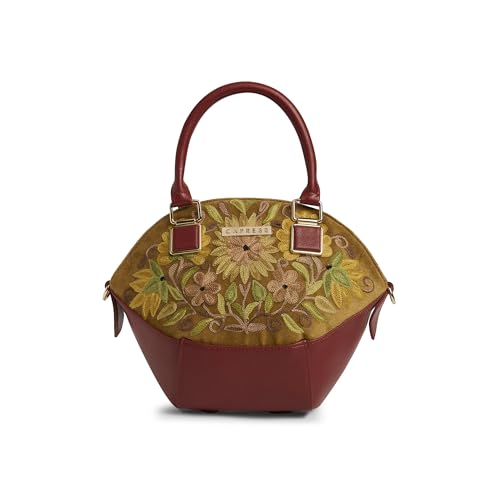 Caprese Siji Tresna Small Satchel Bag for Women with Adjustable & Detachable Strap | Kashida Embroidery Shoulder Bag | Crossbody & Handheld Bag for Work, Travel, and Everyday Use (Red)