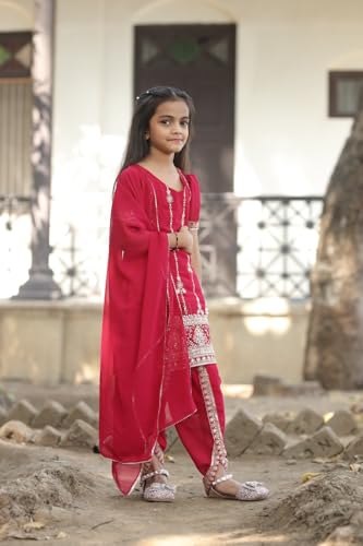 DIGILINE Girls Maroon Georgette Embriodered U Neck Short Sleeve Kurti Dhoti Pants Set With Dupatta | Traditional Stylish Straight Kurti Dhoti Pants Suits Set for Girls