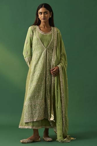Wishful Women's Green Embroidered Anarkali Dress with Churidar and Dupatta Set - (SP12858-401187-L)
