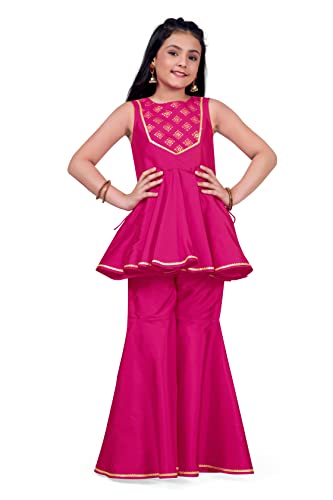 Fashion Dream Girl's Silk Blend Top With Sharara Set (FDGSET00028 PNK 36_Pink_11 Years-12 Years)
