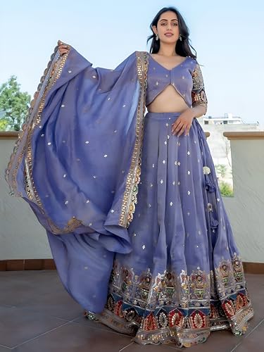 Zeel Clothing Women's Sequins Thread Embroidered Cosmos Silk Lehenga Choli With Dupatta (5128-Women-Lehenga-Choli-Latest; Free size) (Lavender)