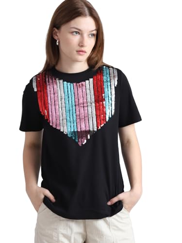 ONLY Women Embellished Cotton Black T-Shirt