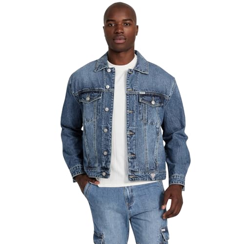 GUESS Men Washed Spread Collar Full Sleeves Denim Jacket