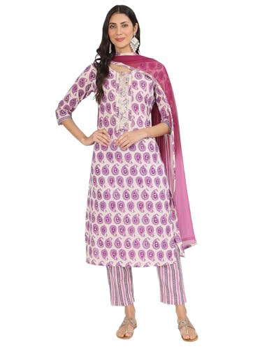 Divena Purple Floral Print Cotton Kurta pant with Dupatta set for women