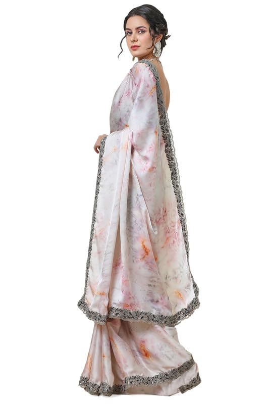 Soch Womens Pink Crepe Abstract Print Saree Zardosi Lace Border