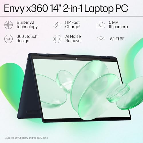 HP Envy x360 AI Laptop, Intel Core Ultra 5 125U, 12 TOPS, 16GB LPDDR5, 512GB SSD, (Win11, Office21, Blue, 1.44 kg) Touchscreen, 3K, OLED, 14-inch (35.6cm), Integrated graphics, 5MP IR camera, fc0078TU
