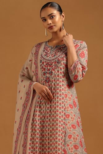 Soch Womens Beige Mul Chanderi Botanical Salwar Suit With Hand Embroidery and Bead Details