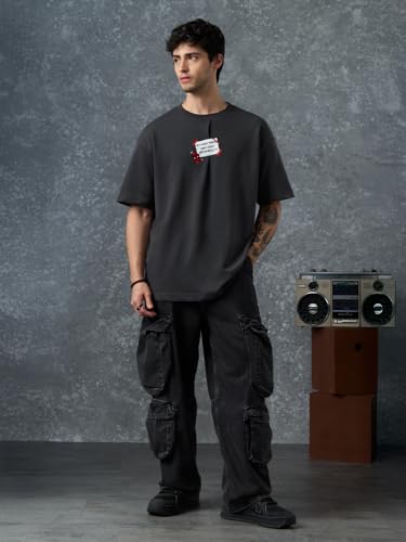 The Souled Store Deadpool: The Degenerate Men and Boys Short Sleeves Round Neck Grey Embellished Casual Lightweight Drop Shoulder Streetwear Trendy Oversized T-Shirt