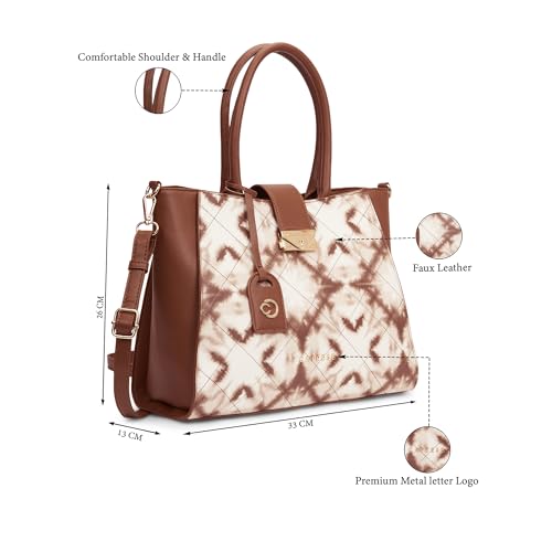 Caprese Shibori Large Satchel Bag for Women | Printed Faux Leather Shoulder Bag with Adjustable & Detachable Strap and Multi-Compartments | Zipper Closure | Everyday Office,Travel & Casual Use (Brown)