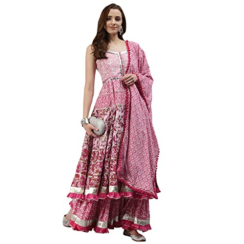 Divena Pink Cotton Sleeves less Anarkali Sharara set with Dupatta