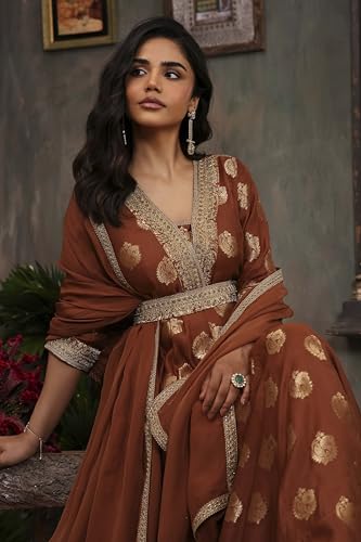 BIBA Women Brown Pure Banarasi Brocade Kalidar Suit Set_38