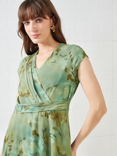 Latin Quarters Women's Green Cap Sleeves V-Neck Printed Casual Midi Dress_XXL