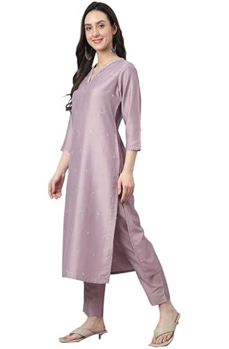 Janasya Women's Lavender Chinon Embellished Kurta with Pant and Dupatta(SET566-KR-NP-XL)