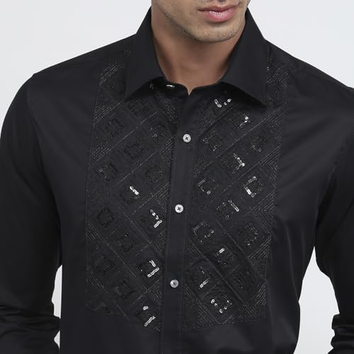 Raymond Men Regular Fit Embroidery Pattern Pure Cotton Cut Away Collar Full Sleeve Tail Bottom Hem Ceremonial Shirt Black