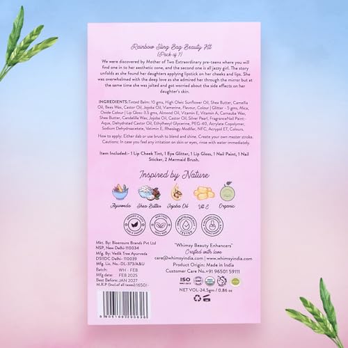 Whimsy Beauty Organic & Safe Sling Bag Makeup Kit | Safe, Non Toxic Beauty Set for Preteen & Teen Girls |Lip & Cheek Tint, Lip Gloss, Eye Glitter & Nail Polish | Vegan & Cruelty Free (Pack of 7)