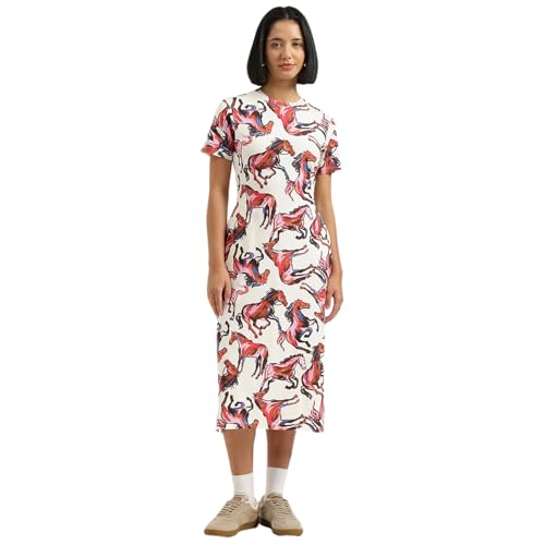 United Colors of Benetton Round Neck Animal Print Knit Dress - (Size:XS) - 26P3E98W3G74I901 White