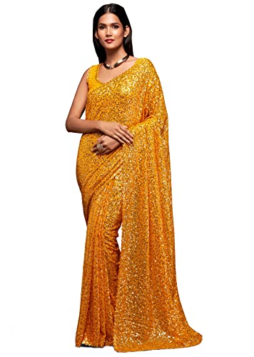 Zeel Clothing Women's Yellow Sequins Work Heavy Georgette Saree with Blouse (1009-Honey-Yellow-Sequins-Party-Saree, Honey Yellow)