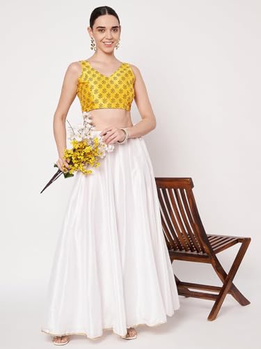 studio rasa Women's Dupion Hand Block Printed Blouse for Wedding Festive Party (TPWC62555XL_Yellow_X-Large)
