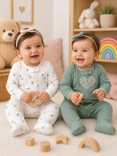 TuddyBuddy Baby Girl's Cotton Printed Full Long Sleeves Zipper Sleepsuits/Footed Rompers for Baby Girl (Pack of 2 Sleepsuits - White Carrots AOP & Olive Polka, 3 Months-6 Months)