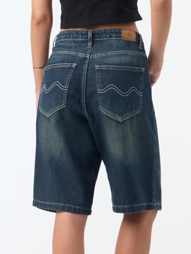 The Souled Store Bermuda Shorts: Stone Blue Women and Girls Buttoned Waistband Faded Cotton Blend Regular Fit Paneled Front Decorative Stitching Bermuda Shorts