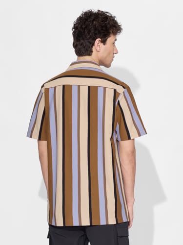 The Souled Store Stripes: Rust, Purple, Yellow Men and Boys Short Sleeves Collared Neck Button Front Cotton Blend Knit Shirts