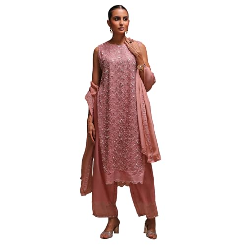 Biba Women's Poly Net Kurta Set (SKDGOGLM30957AW25PCH_Peach
