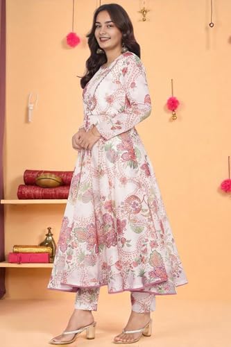 W for Woman Ecru Printed Chanderi Flared Kurta, Straight Pant and Dupatta Set (Size: XL)-WS12929-125978