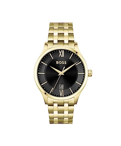 Hugo Boss Stainless Steel Elite Analog Black Dial Men Watch-1513897, Gold Band