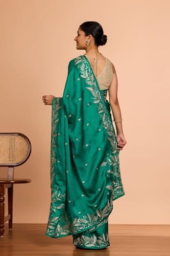Taneira Women Green Viscose Satin Embroidered Saree With Unstitched Blouse Piece (SAPP07AC5305-Green)