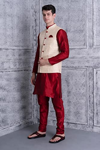 Ethluxis Men's Silk Blend Maroon Kurta Churidar Pyjama with Stylish Bundi Nehru Jacket Waistcoat (36, Maroon/Golden)