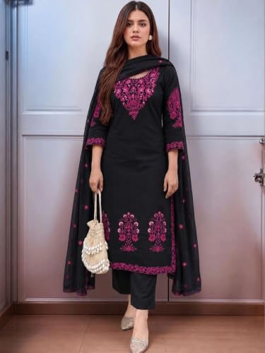 piludi Women embroidered kurta pant with dupatta Set | Ethnic Wear Three Piece kurta set for women (IN, Alpha, L, Regular, Black)
