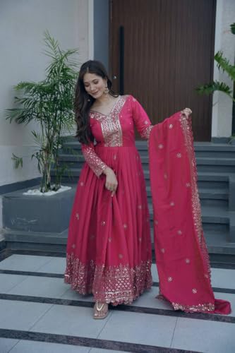 Women Most Beautiful Shimmer Silk Gown with Dupatta Long Dress, Latest Silk Long Anarkali Gown Set for Girls and Woman (in, Alpha, L, Regular, Women, Pink)