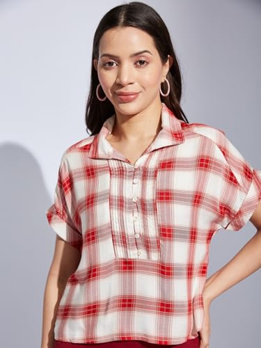 Latin Quarters Women Red Collared Short Sleeve Checks Top Blouse for Casual Wear_M