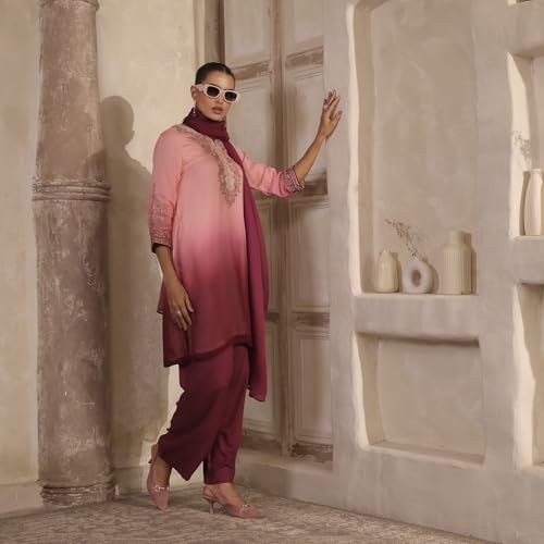 Biba Women Peach Viscose Blend Straight Suit Set_32