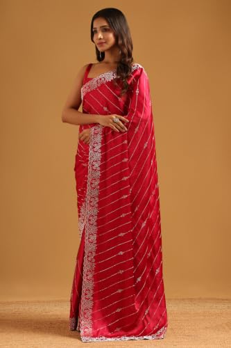 Soch Womens Fuchsia Satin Stonework Embellished Saree