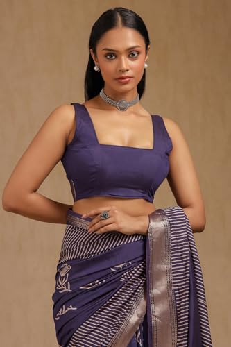 Soch Womens Purple Viscose Block Print Saree