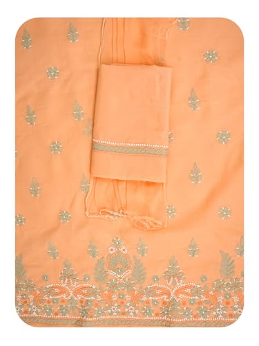 Ada Hand Embroidered Lucknowi Chikankari Unstitched Cotton Dress Material Suit Piece with Dupatta for Women 01A886787 Peach
