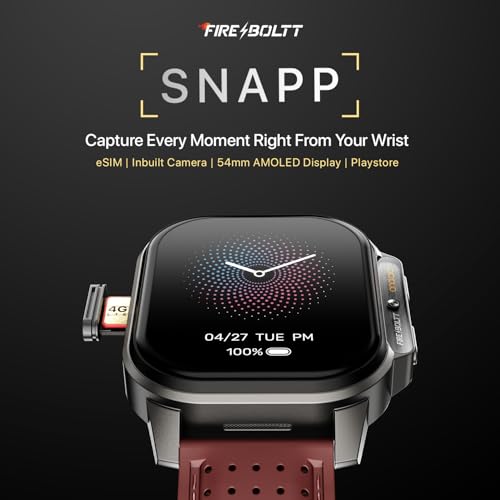 Fire-Boltt Snapp Smart Watch, Selfie Camera, 4G Nano-SIM Slot, 54.1mm AMOLED Display, Play Store- Unlimited apps, 1000mAh Battery, 2GB/4GB RAM + 16GB/64GB ROM (Marlet Maroon)