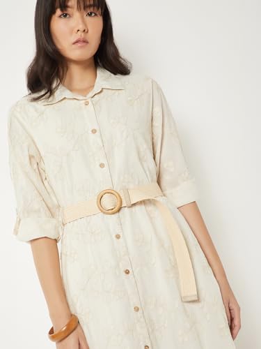 Max Women Embroidered Shirt Dress with Belt (Beige_XXL)