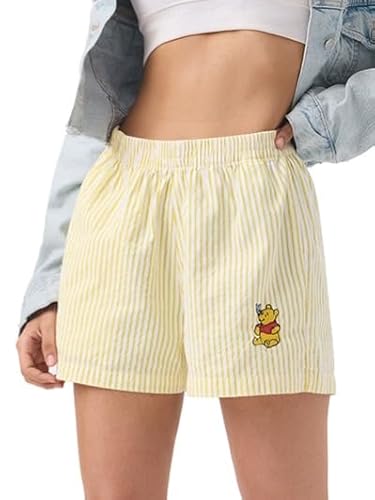 The Souled Store Disney: Winnie The Pooh Happy Women and Girls Elastic Waistband Yellow Striped Embroidered Polyester Blend Regular Fit Lightweight Lounge Shorts