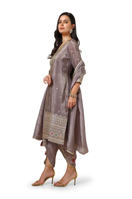 Soch Womens Grey Tissue Suit Set With Stones And Sequins