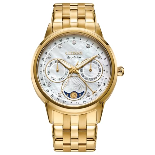 Citizen Women's Eco-Drive Calendrier, Moon Phase Diamond Accents Dial, Stainless Case and Bracelet Watch, Month/Day/Date, Gold-tone/white, Classic